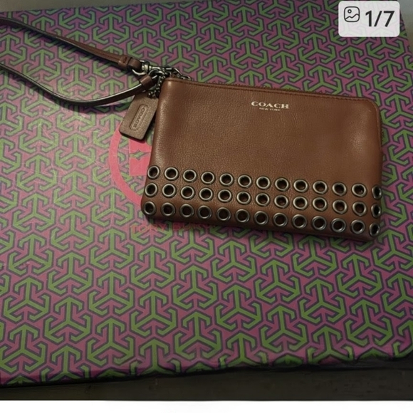 Coach Handbags - Coach Brown Leather Wristlet Zip Pouch Grommet Stud Detail Strap
